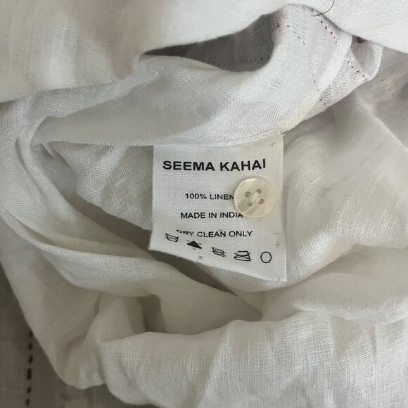 SEEMA KAHAI MAXI DRESS SIZE LARGE WHITE 100% LINEN LONG SLEEVE STRIPE DETAIL - Picture 5 of 5